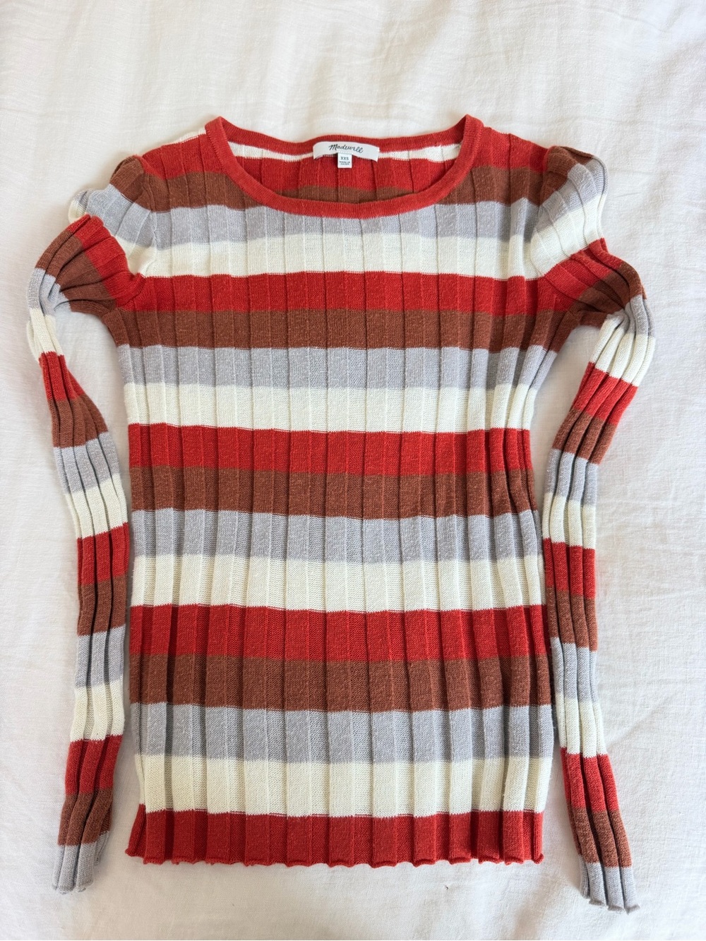 Madewell Striped Ribbed Crewneck in Red, Cream, Gray & Brown
